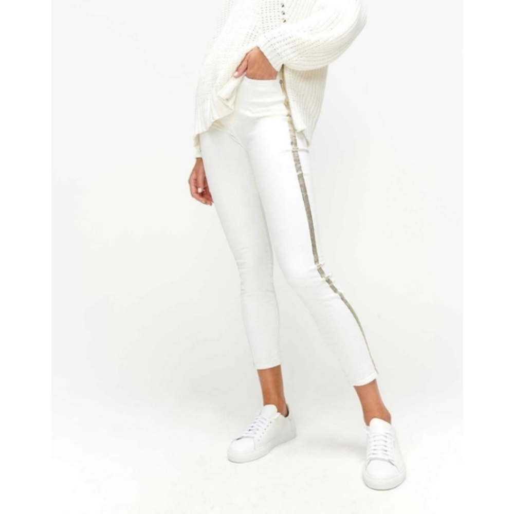 7 For All Mankind Gold Striped High Rise Ankle Skinny White Jeans NWT